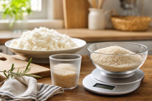 Riz cru mesuré dans un bol et riz cuit pour doser la bonne quantité par personne