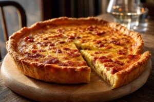 Quiche lorraine dorée avec lardons et garniture crème œufs moelleuse