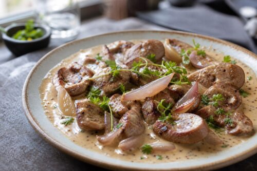 Rognons de veau saisis avec une sauce moutarde légère, échalotes et persil