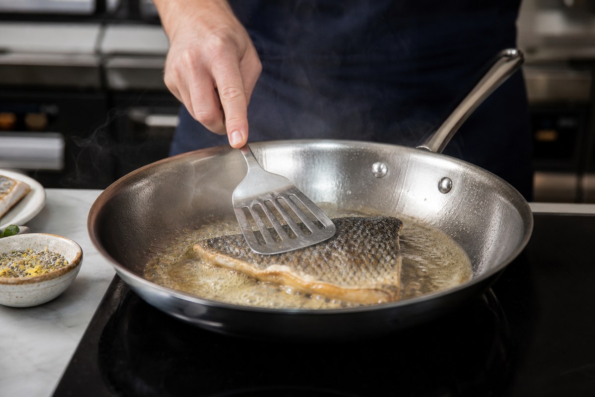 Pavé de black bass maintenu côté peau dans une poêle chaude