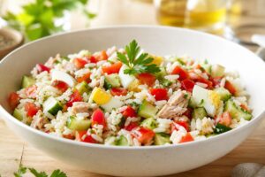 Salade de riz froide avec légumes, œufs, thon et herbes fraîches