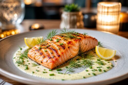 Pavé de saumon avec une sauce citronnée aux herbes fraîches