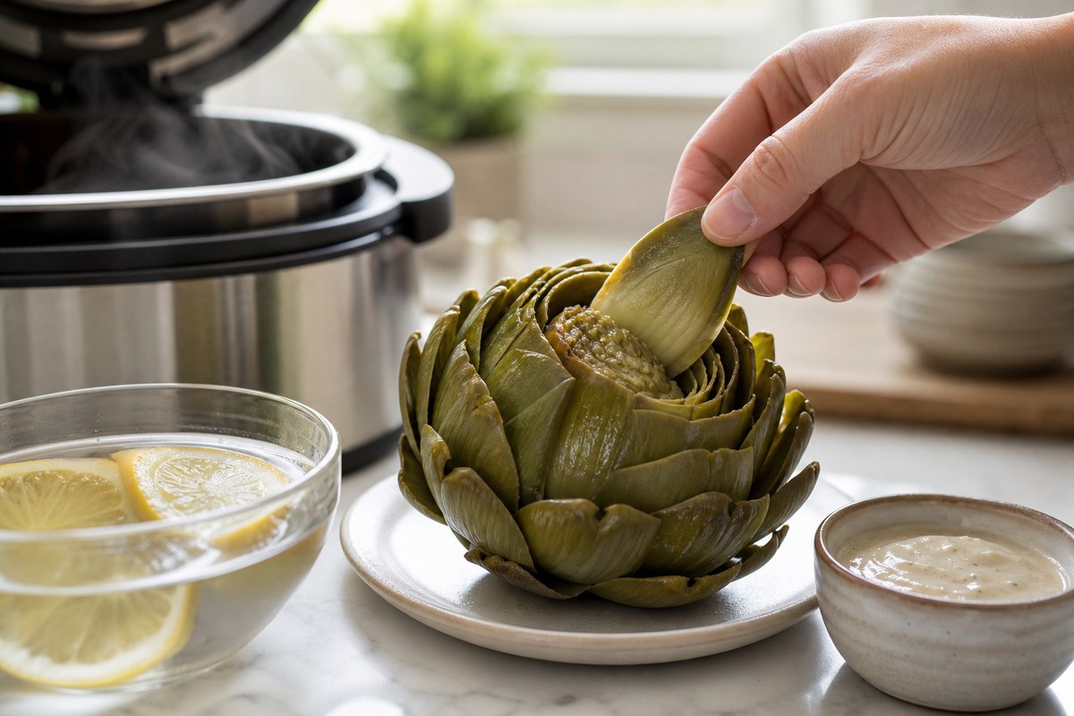 Feuille d’artichaut tirée pour vérifier la cuisson après la cocotte-minute
