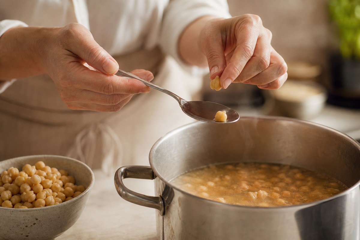 Pois chiche cuit vérifié à la cuillère près d’une casserole