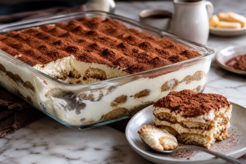 Tiramisu maison dans un plat en verre avec crème mascarpone, cacao et biscuits imbibés