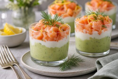 Verrines avocat saumon avec couches nettes avocat crème et saumon fumé