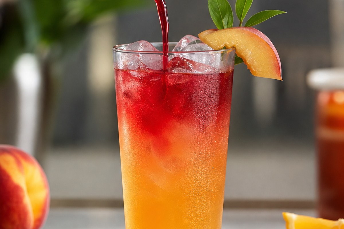 Jus de cranberry versé doucement dans un cocktail Sex on the beach glacé