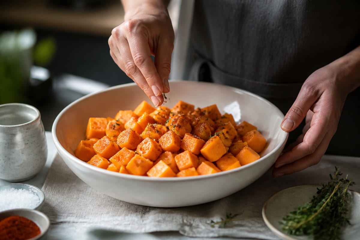 Cubes de butternut assaisonnés dans un saladier avant cuisson