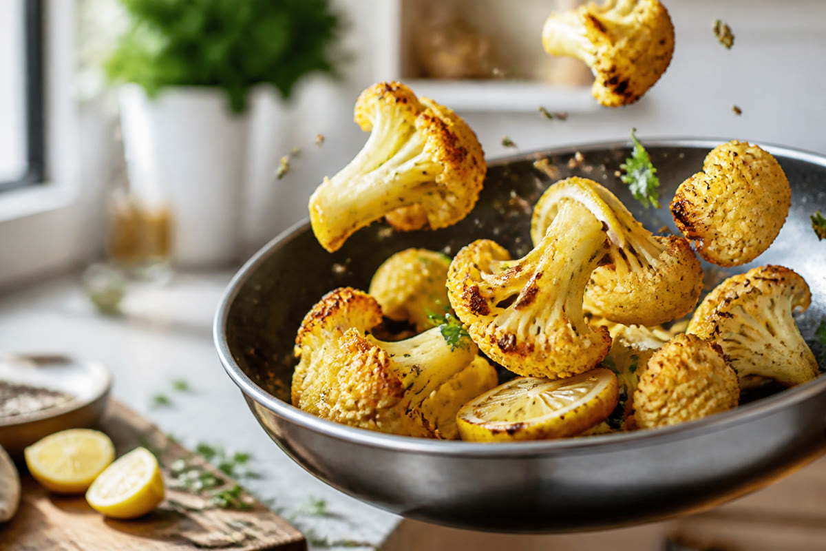 Fleurettes de chou-fleur rôties dans une poêle avec citron et herbes