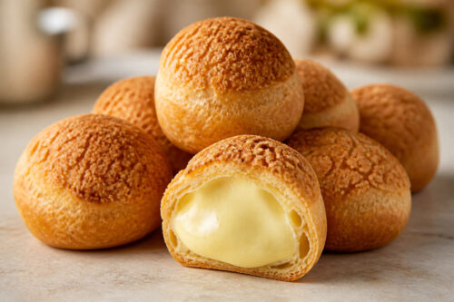 Choux à la crème dorés avec une coque ouverte sur une crème pâtissière lisse