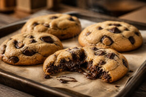 Cookies épais aux pépites de chocolat, un cookie ouvert avec un cœur moelleux