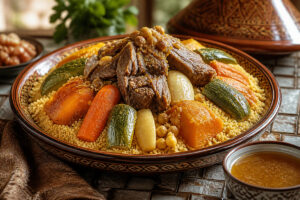 Grand plat de couscous marocain avec semoule légère, agneau et légumes
