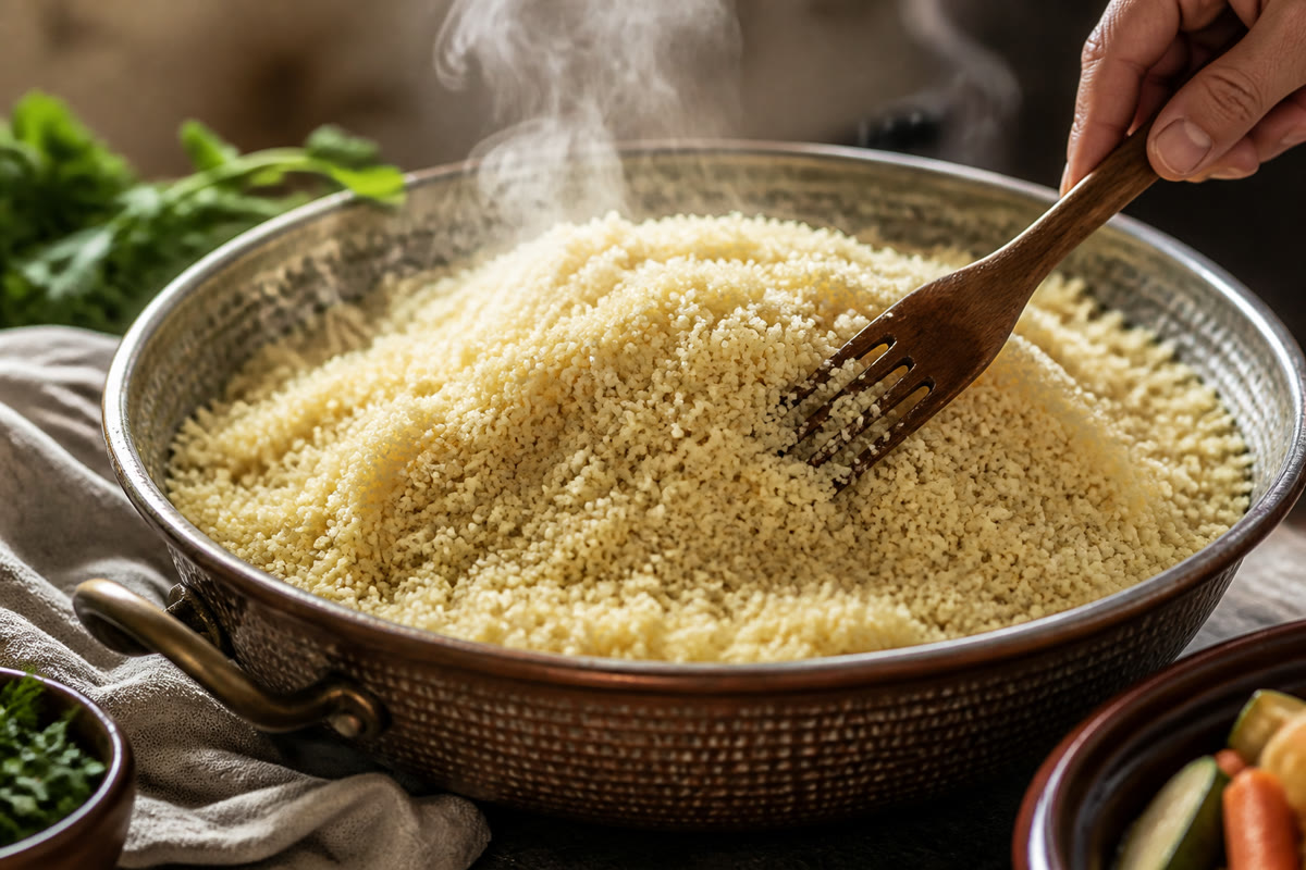 Semoule de couscous égrenée à la fourchette dans un plat traditionnel