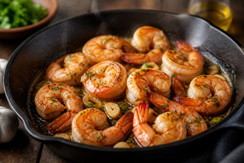 Crevettes sautées à l’ail et au persil dans une poêle en fonte
