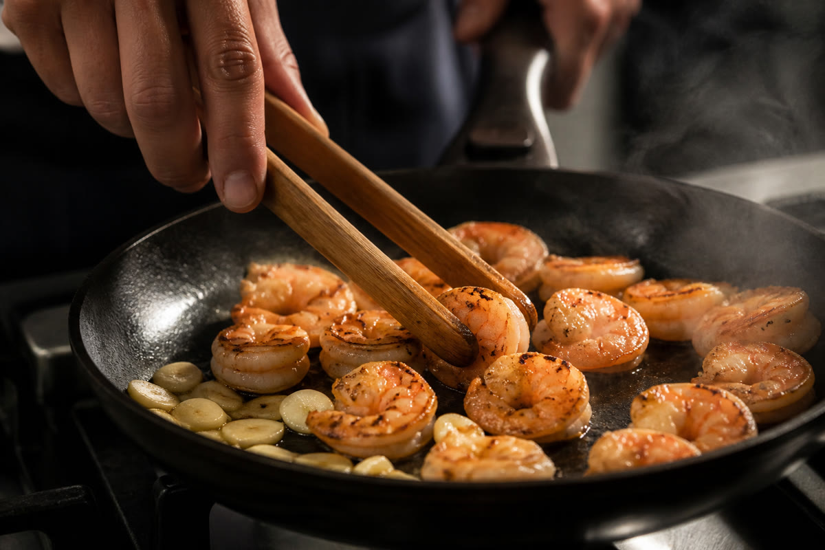 Crevettes roses retournées une seule fois avec des pinces en bois dans une poêle chaude