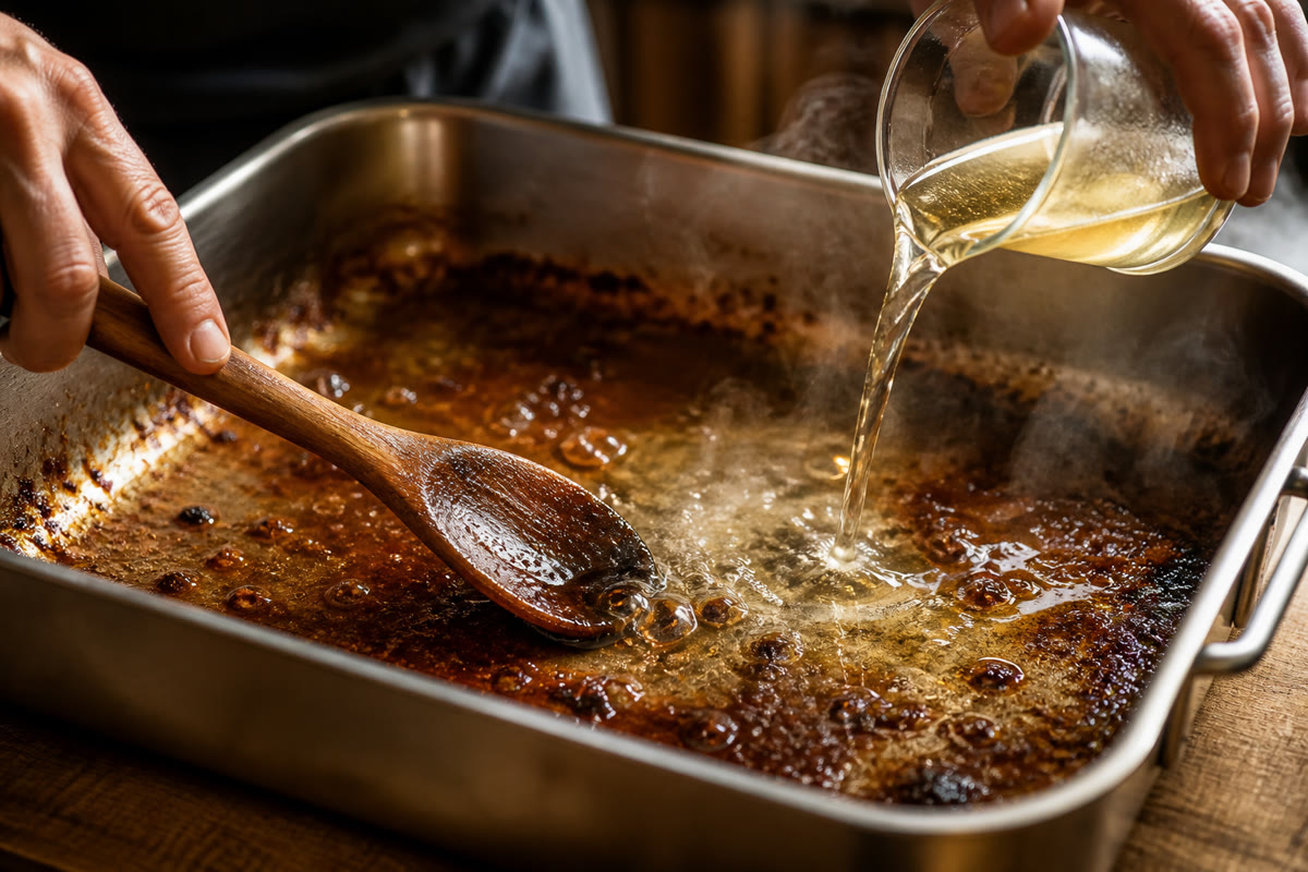 Déglaçage d'un plat de cuisson avec une cuillère en bois et du vin blanc