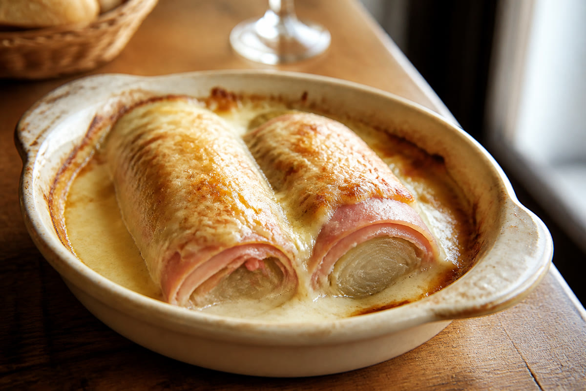 Endives au jambon gratinées dans un plat individuel avec béchamel dorée