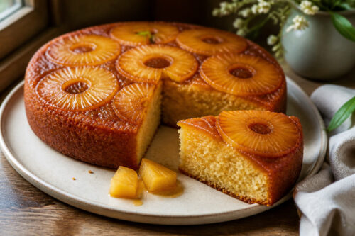 Gâteau renversé à l’ananas caramélisé avec une part découpée et une mie moelleuse