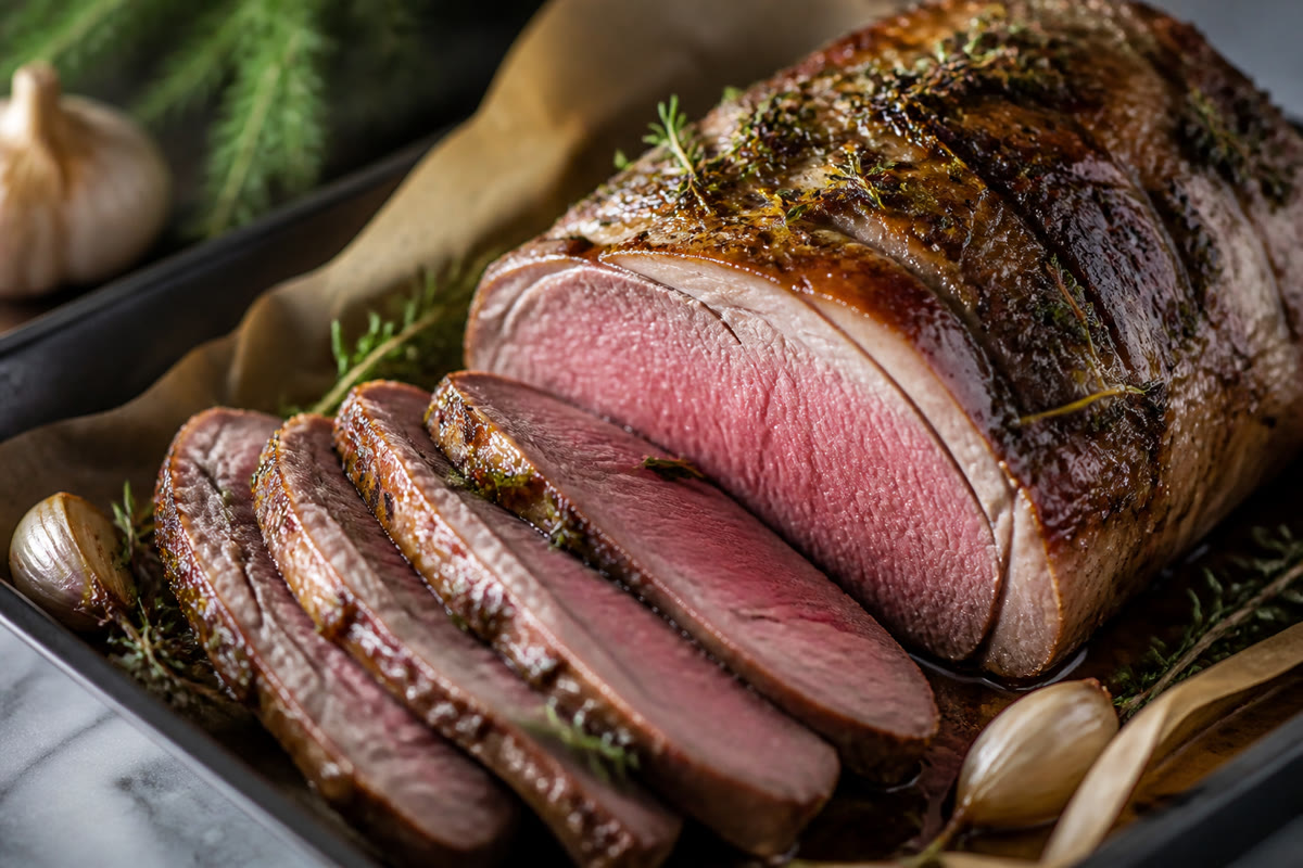 Gigot d’agneau tranché après un temps de repos, chair rosée et jus dans le plat