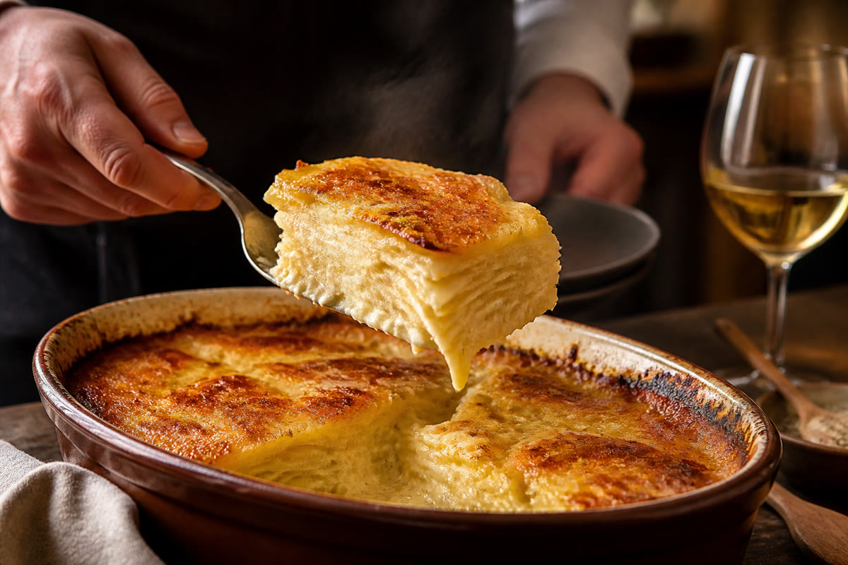 Part de gratin dauphinois doré découpée dans un plat en céramique