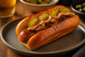 Hot-dog maison au pain brioché toasté, saucisse et oignons fondants