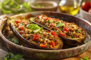 Aubergines farcies gratinées dans un plat en céramique