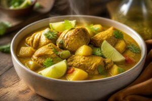 Colombo de poulet mijoté dans une sauce jaune aux épices avec citron vert