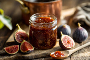 Pot de confiture de figues maison avec grains visibles et figues fraîches