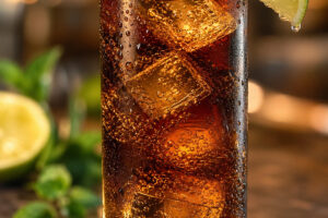 Verre de Cuba libre avec glaçons et quartier de citron vert