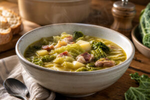 Bol de soupe au chou avec feuilles fondantes et bouillon doré
