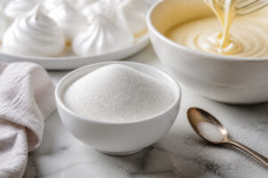 Bol de sucre semoule fin avec pâte à gâteau et meringues en arrière-plan