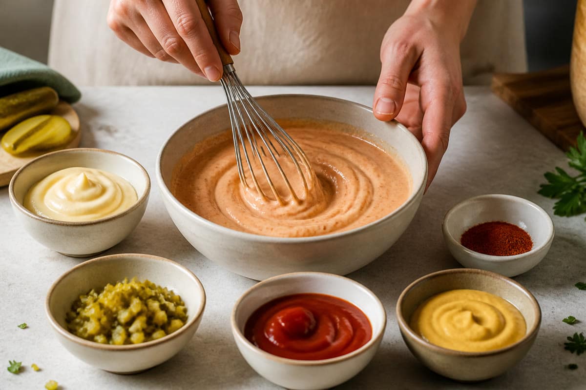 Sauce Biggy maison mélangée au fouet avec cornichons et paprika