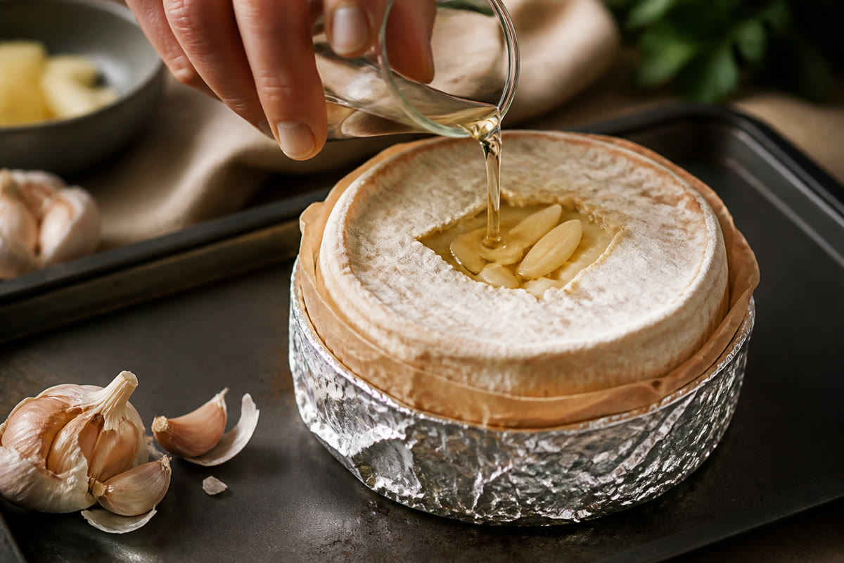 Mont d’Or préparé dans sa boîte protégée avec ail et vin blanc avant cuisson