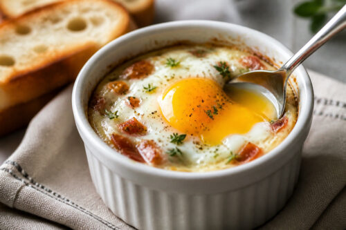 Œuf cocotte en ramequin avec jaune coulant et mouillettes
