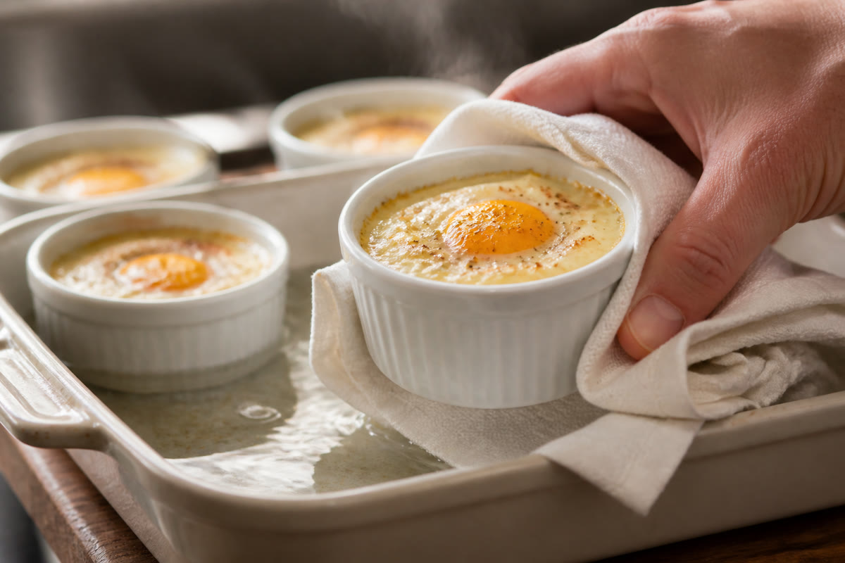 Ramequin d’œuf cocotte retiré d’un bain-marie avec un linge de cuisine