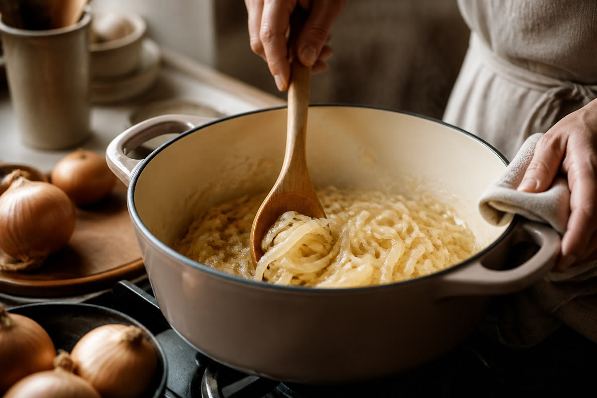 Oignons émincés fondant doucement dans une cocotte en fonte