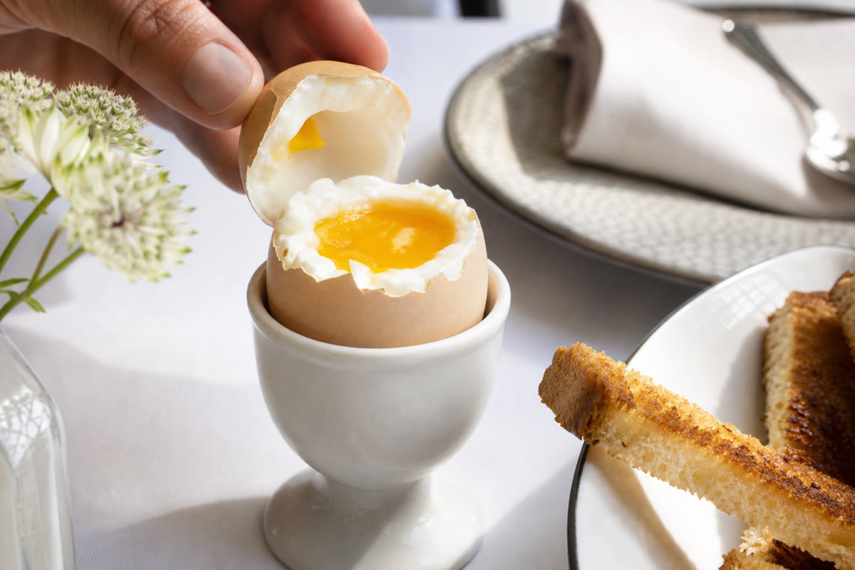 Œuf à la coque ouvert avec jaune coulant et mouillettes grillées