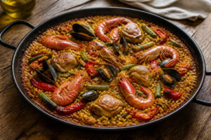 Paella au poulet, crevettes et moules dans une large poêle