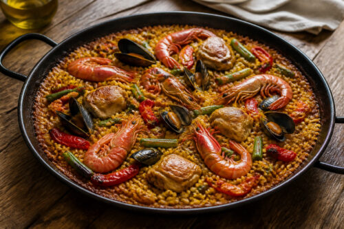 Paella au poulet, crevettes et moules dans une large poêle