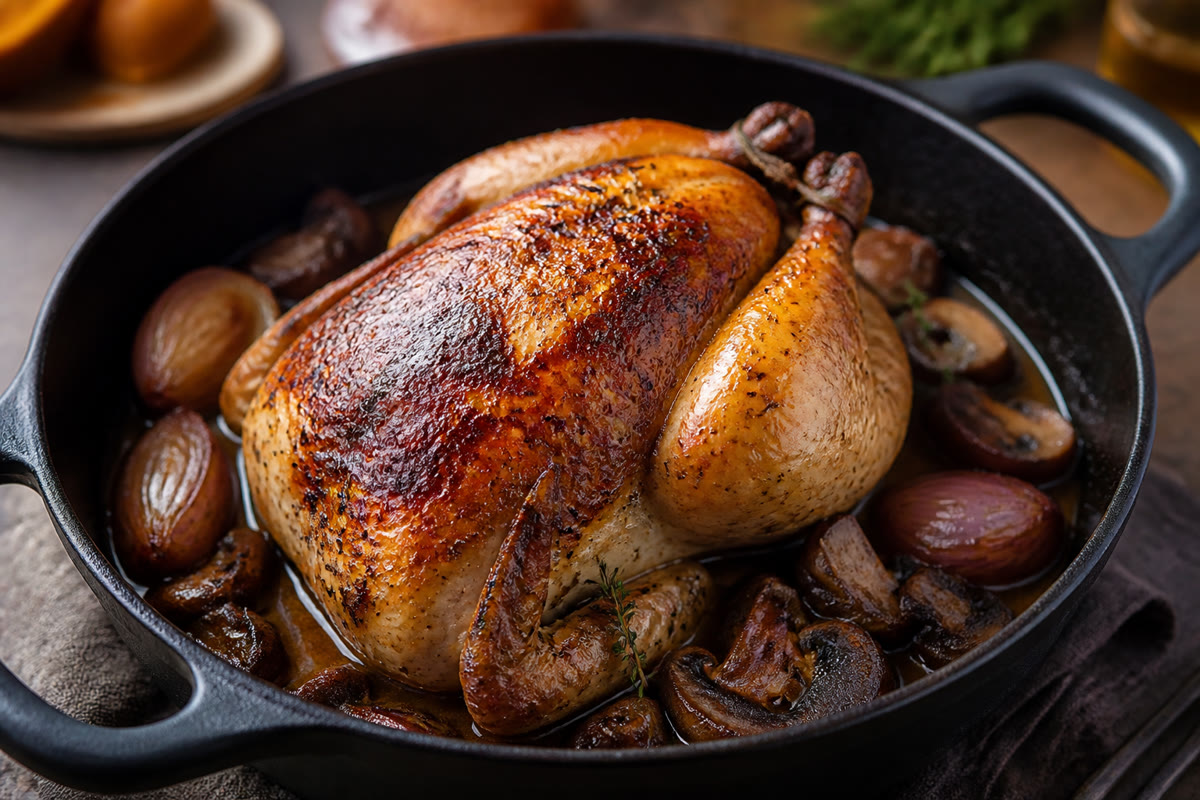 Pintade dorée en cocotte avec échalotes et champignons