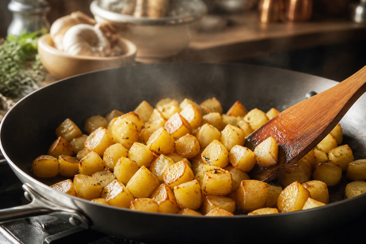 Pommes de terre dorées retournées délicatement dans une grande poêle