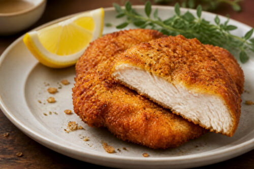 Poulet pané doré coupé avec panure croustillante et chair cuite
