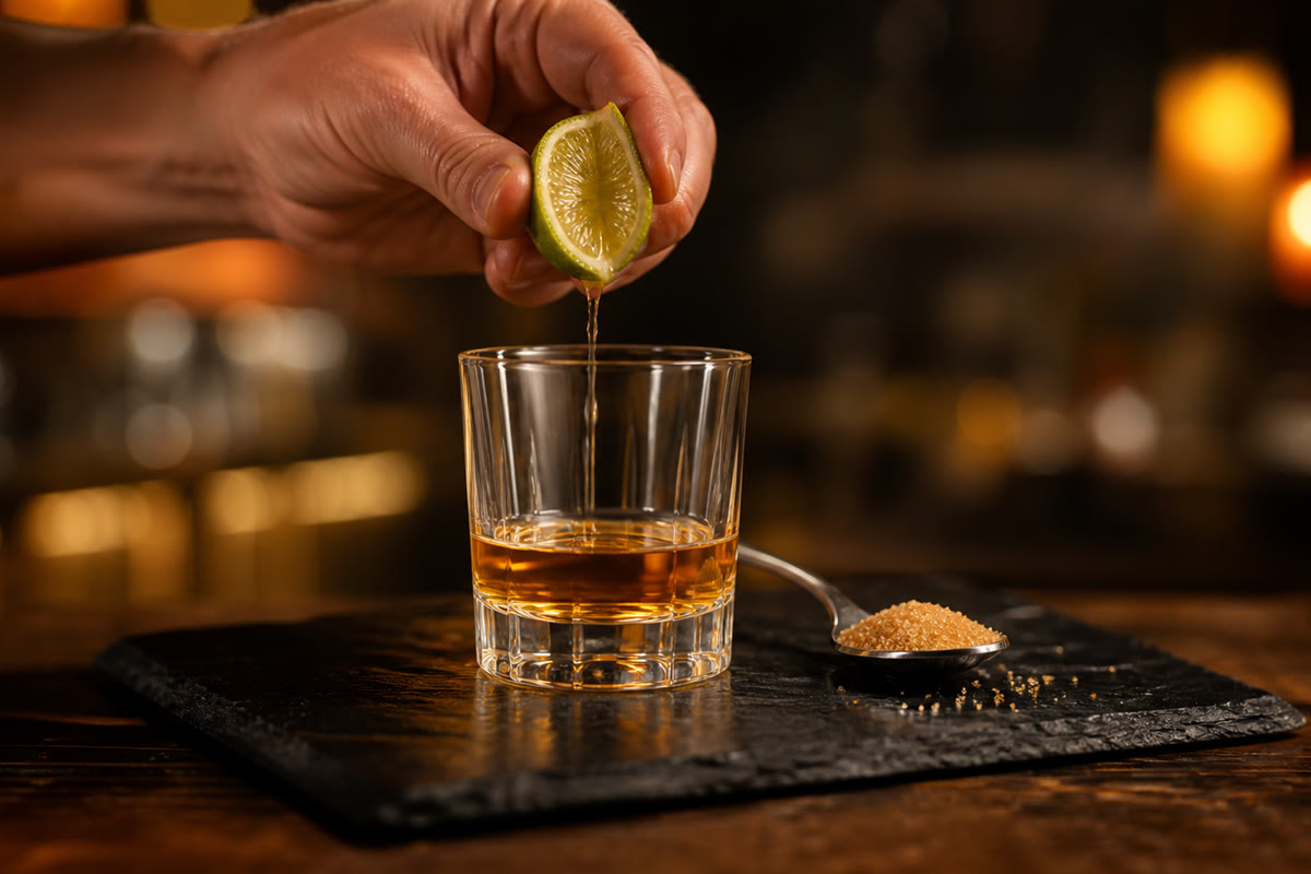 Quartier de citron vert pressé au-dessus d’un verre de ti punch