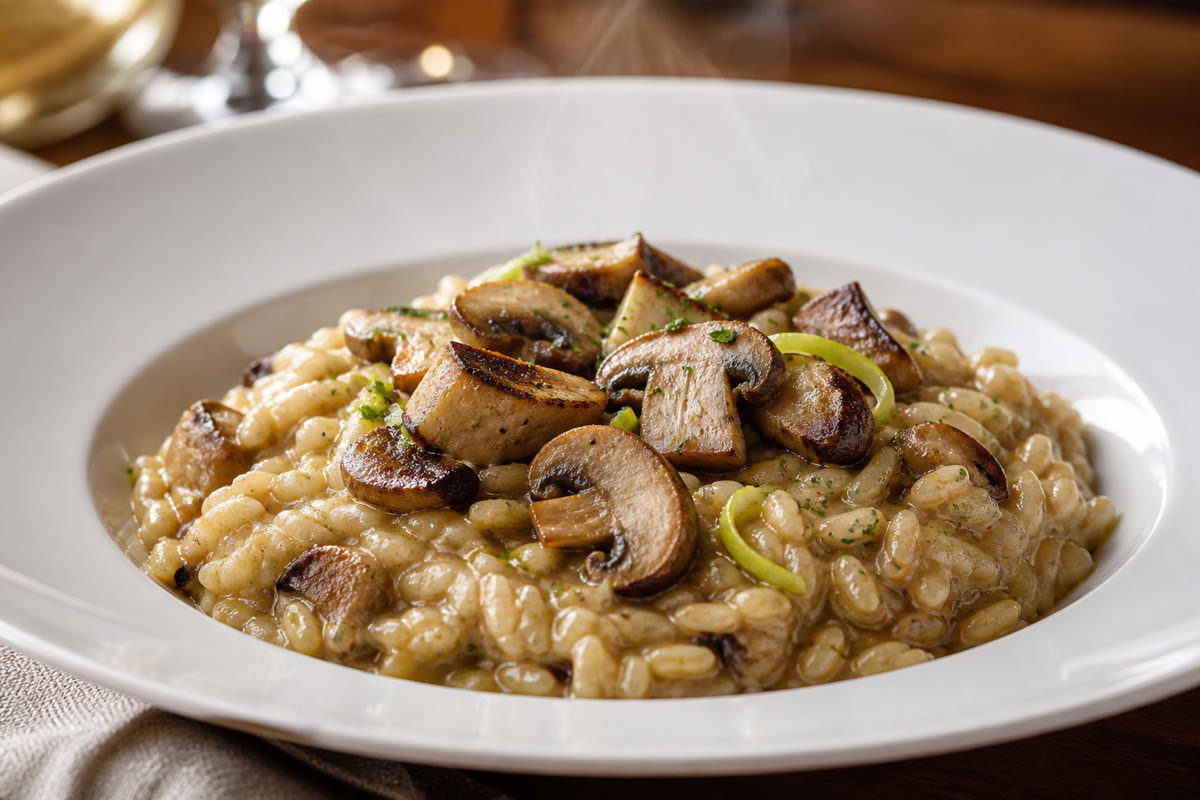 Risotto crémeux aux champignons servi dans une assiette creuse