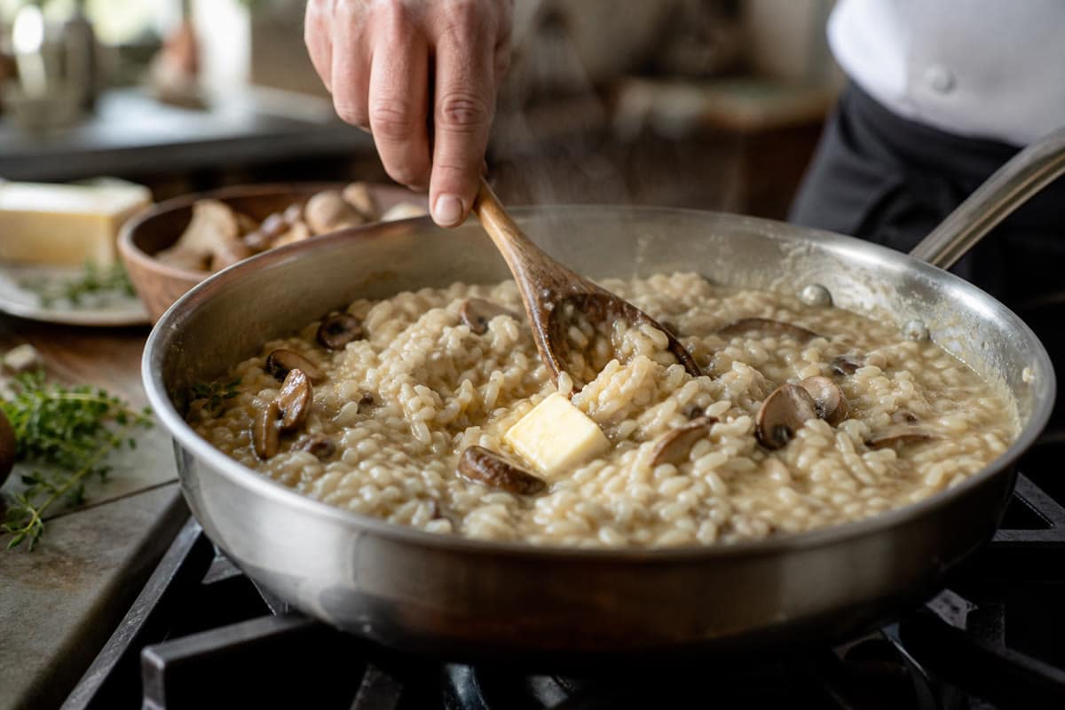 Finition d’un risotto aux champignons avec du beurre froid dans une sauteuse