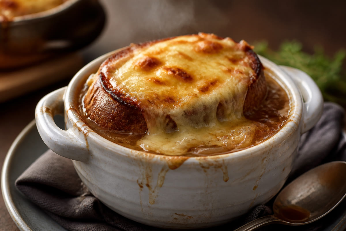 Soupe à l’oignon gratinée dans un bol avec fromage doré et croûton
