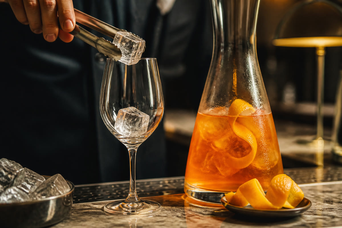 Glaçons ajoutés dans un verre à pied avec une pince avant le montage d’un Spritz