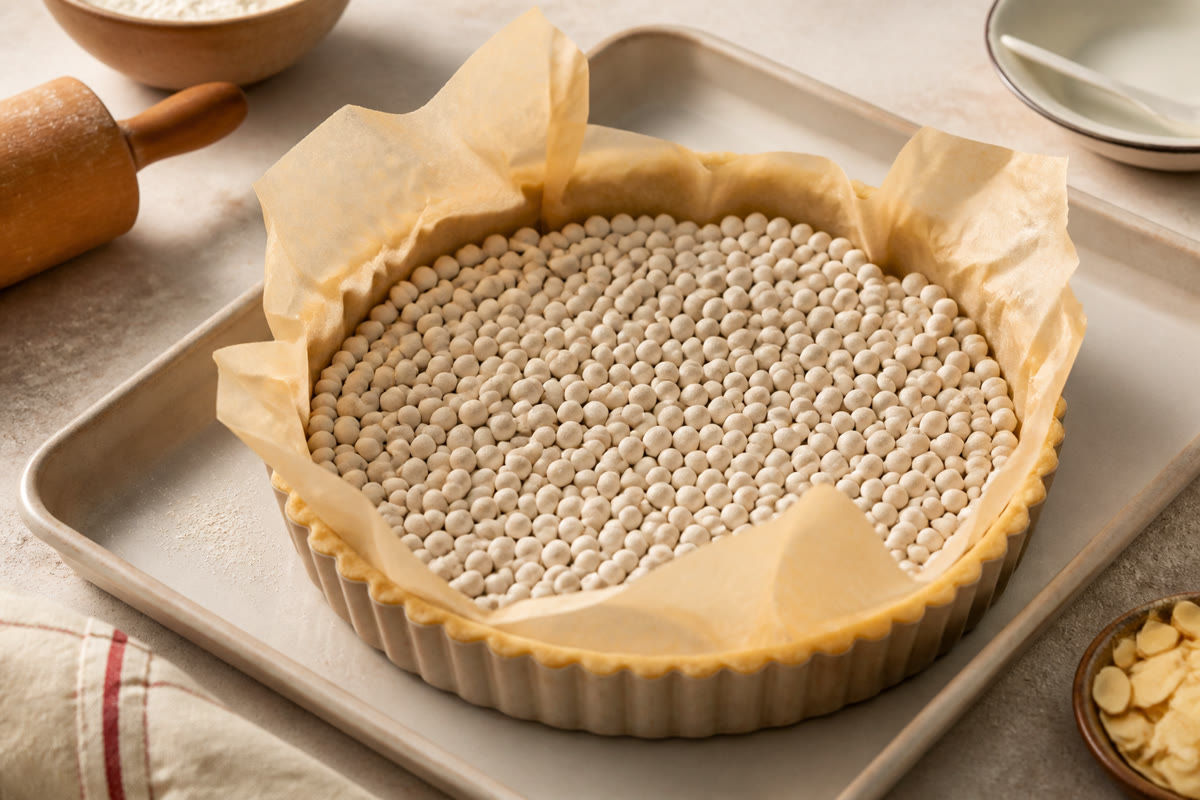 Fond de tarte en cuisson à blanc avec papier et billes de cuisson
