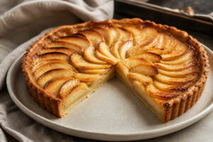 Tarte aux pommes normande dorée, avec une part retirée et un fond de pâte visible