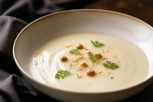 Bol de velouté de chou-fleur lisse avec noisettes et herbes